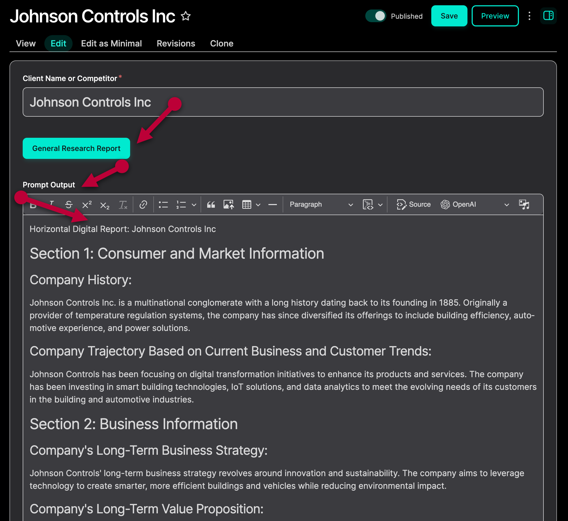 Drupal edit screen for a report titled "Horizontal Digital Report: Johnson Controls Inc." with sections on "Consumer and Market Information" and "Business Information." Editing tools and options for saving, previewing, and cloning the document are visible