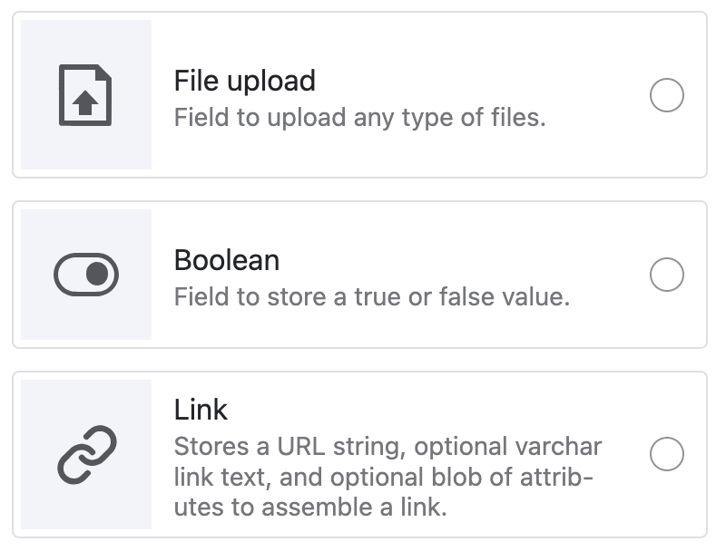 Screenshot featuring file upload, boolean, and link field icons