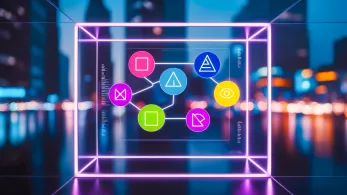 A futuristic 3D neon display featuring various colorful, geometric symbols connected by glowing lines. The symbols include shapes like squares, triangles, and circles in vibrant pink, blue, green, and yellow tones. The background shows a blurred cityscape with neon lights, adding a cyberpunk aesthetic to the scene