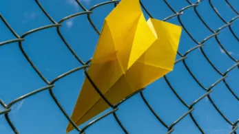paper airplane stuck in chain link fence